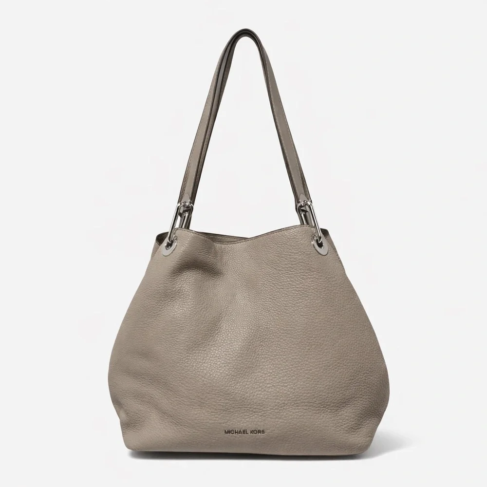 Michael Kors Raven Large Pebbled Leather Shoulder Bag Taupe Silver Hardware